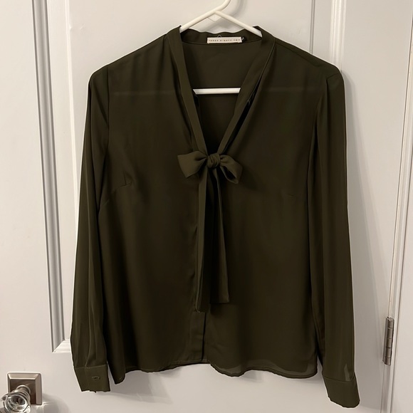 Three Eighty Two Army Green Blouse with Bow Size XS - Picture 2 of 11